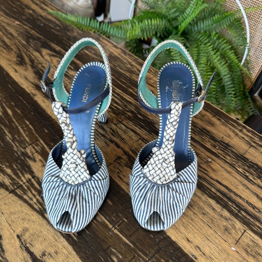 FENDI Striped Peep-Toe Heels (AUTHENTIC) Size 37.5 (US 7.5) - Picture 4 of 17